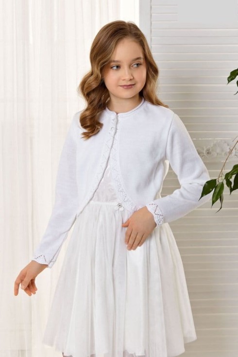 vaikiškas bolero, Lena bolero, kremine spalvos bolero, elegantiškas mergaičių bolero, šventinis bolero, kokybiškas bolero, mergaičių apranga, bolero su siuvinėjimais, bolero su nėriniais