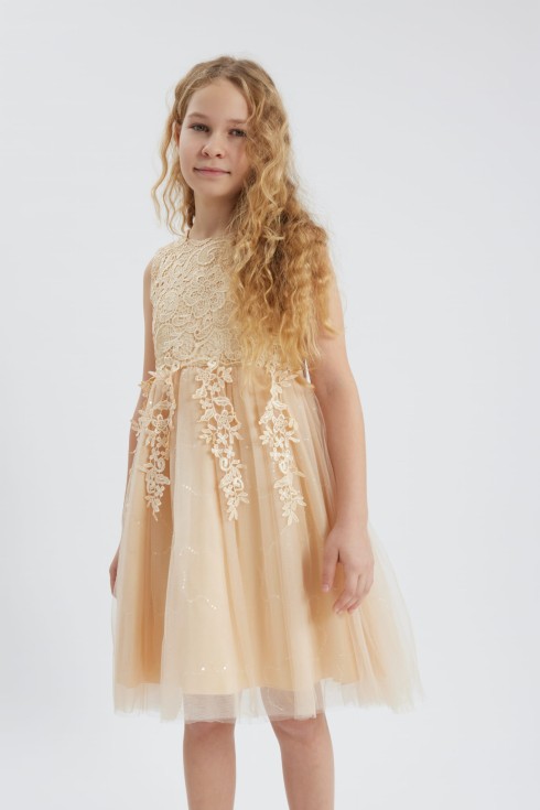 mergaičių suknelė, elegantiška suknelė, šventinė suknelė, mergaičių drabužiai, suknelė su nėriniais, suknelė šventėms, suknelė gimtadieniams, smėlio spalvos suknelė, vestuvinė suknelė mergaitei, Evelina suknelė