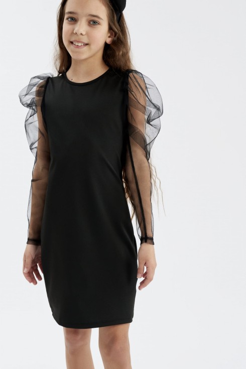 mergaitiška suknelė, juoda suknelė mergaitėms, elegantiška suknelė, suknelė šventėms, mergaitės šventinė suknelė, suknelė su tiulio rankovėmis, suknelė vaikams