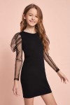 mergaitiška suknelė, juoda suknelė mergaitėms, elegantiška suknelė, suknelė šventėms, mergaitės šventinė suknelė, suknelė su tiulio rankovėmis, suknelė vaikams