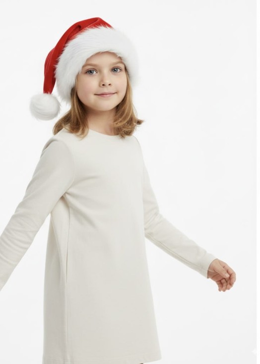 Mergaitė su pliušine Kalėdų Senelio kepure ir baltu bumbulu