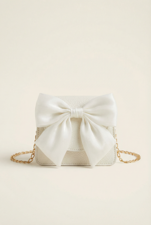 mergaitės rankinė, balta rankinė mergaitei, šventinė rankinė mergaitei, rankinė su kaspinu, elegantiška rankinė vaikams, dovana mergaitei, vaikiška rankinė šventėms, auksinė grandinėlė, šventiniai aksesuarai mergaitėms