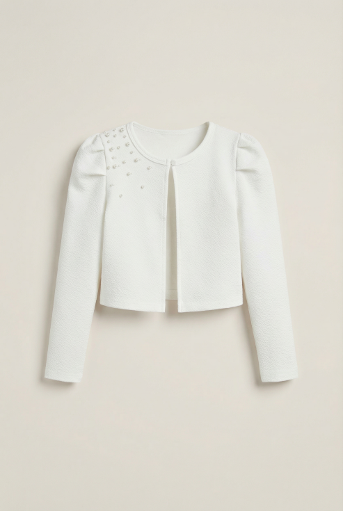 vaikiškas bolero, Giorgia bolero, bolero su perlais, elegantiškas bolero, mergaitės bolero, oficiali mergaitės apranga, ecru spalvos bolero, šventinis bolero, bolero mergaitėms