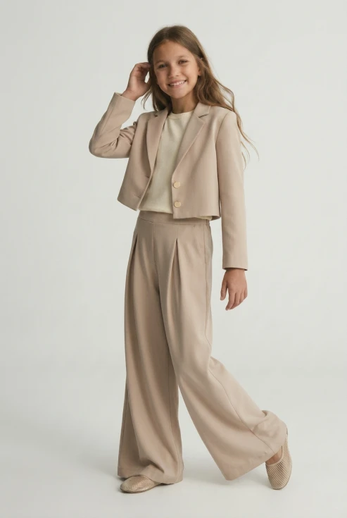 elegantiškas mergaitiškas komplektas Emi smėlinė, viršus su tiulio rankovėmis ir sijonė, Sutvirtinimo apranga, ZOYA Fashion