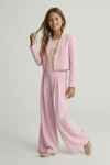 Emi rožinė komplektas iš šono, paauglės elegantiška šventinė apranga vestuvėms