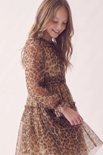 Leopardo rašto tiulinė proginė suknelė mergaitėms Holly su ilgomis rankovėmis – šeimos šventėms ir gimtadieniui